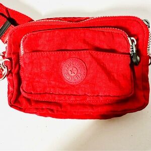 Kipling Waist Crossbody Bag in Cherry Red Triple Zippers Multi Pocket 6” X 8”